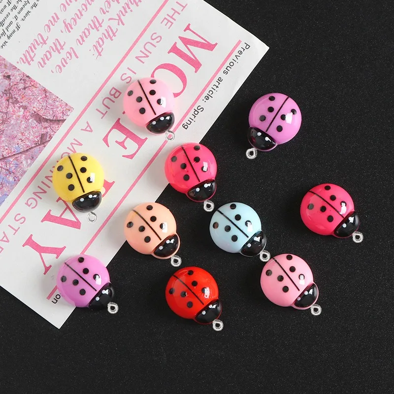 10Pcs Glossy Ladybug Resin Charms With Loop Pendants Girl Flatback Ornaments Dollhouse Decor Phone Jewelry DIY Craft Findings