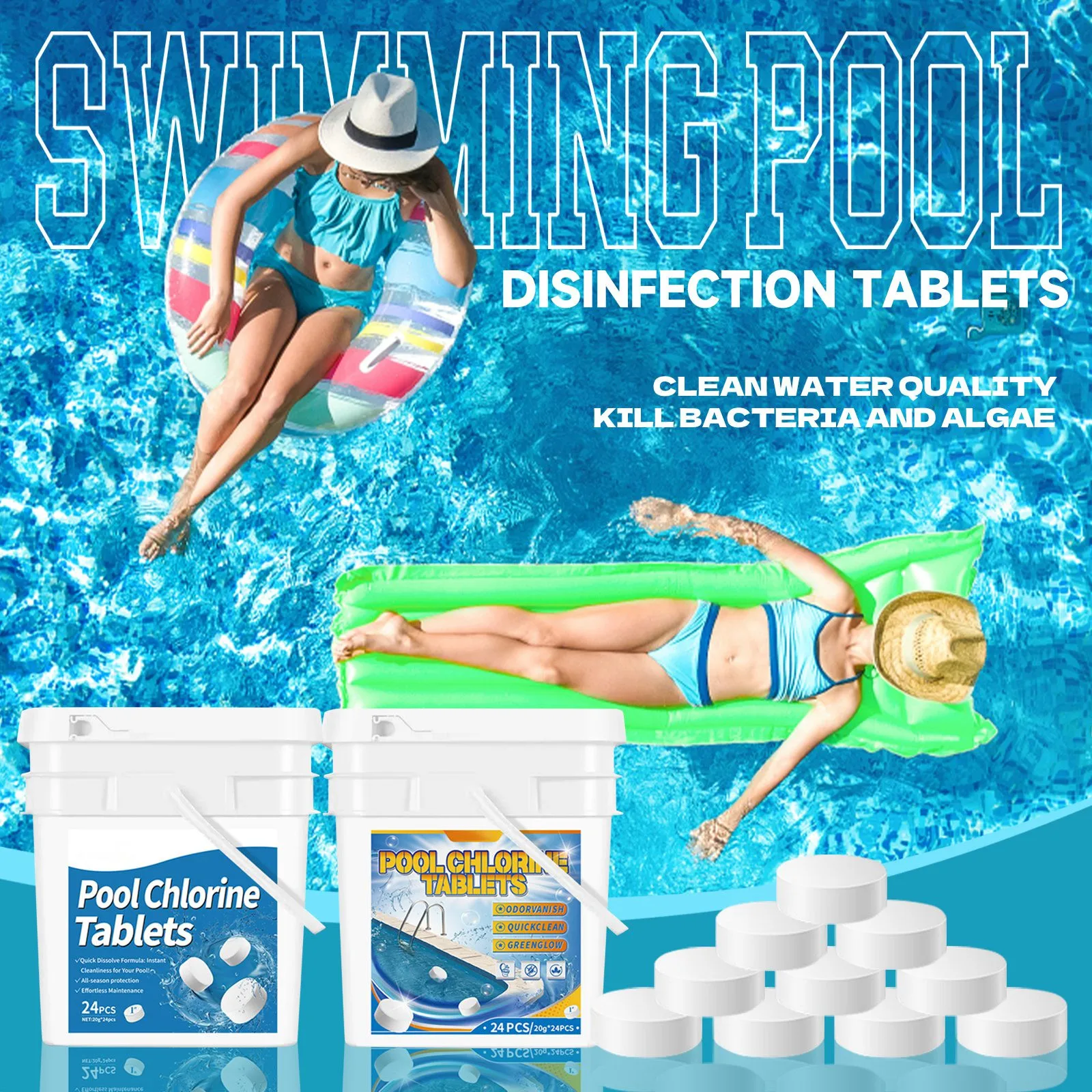 Tabletas de cloro para piscina de disolución lenta: fórmula para matar algas para agua cristalina, envueltas individualmente para un fácil almacenamiento