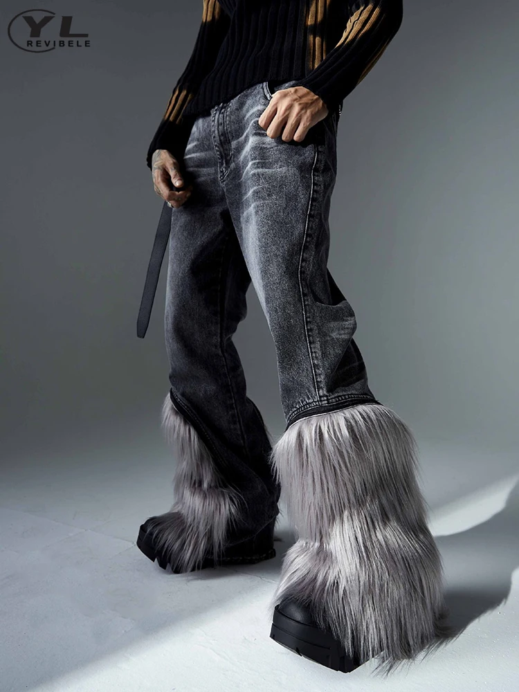 Removable Fur Micro Horn Jeans Men American High Street Patchwork Loose Straight Denim Pants Hip Hop Fashion Distressed Trousers