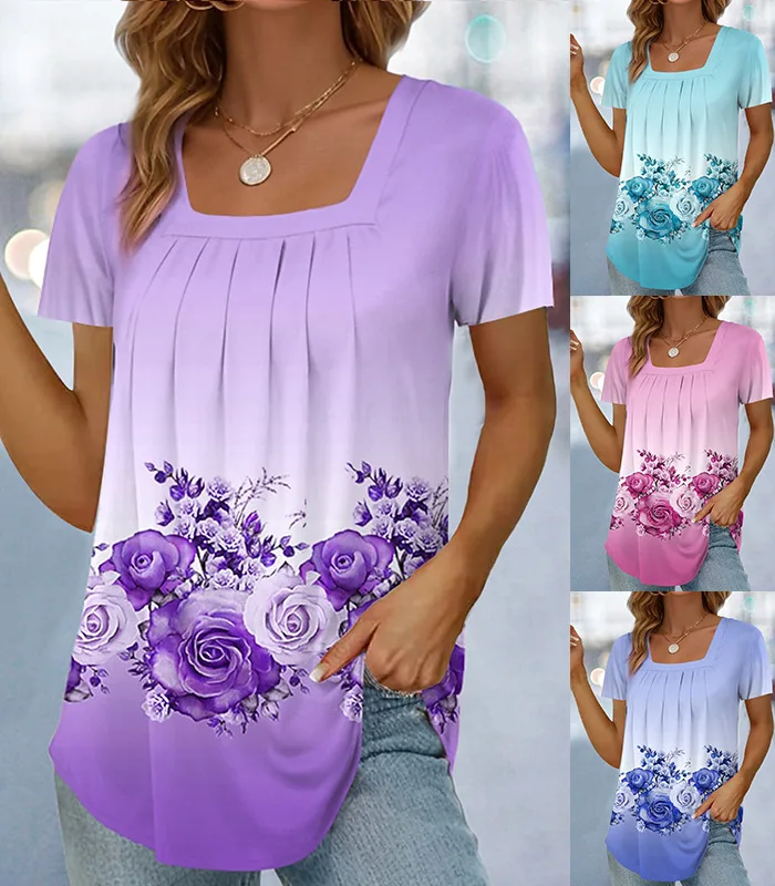 

Summer Women's Flower T-shirt Casual Fashion Temperament Top Square Collar Short-sleeved Tees for Female