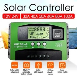 Mppt自動フォーカスソーラーコントローラー、30a-100a、12v、24v、適応型太陽光発電パネル充電コントローラー、デュアルUSB LCDレギュレーター