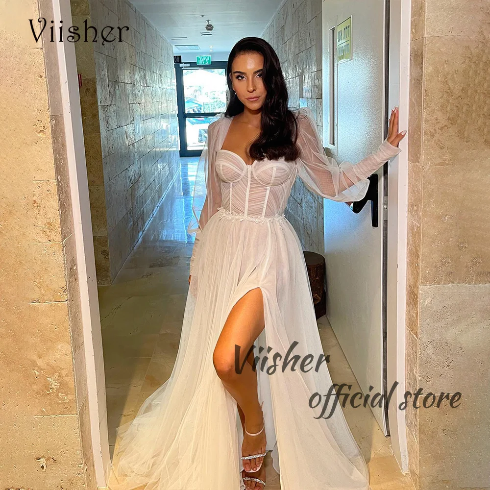 

Viisher Illusion Tulle A Line Wedding Dresses Long Sleeve Bone Corset Sweetheart Bride Dress 2023 Beach Israel Bridal Gowns