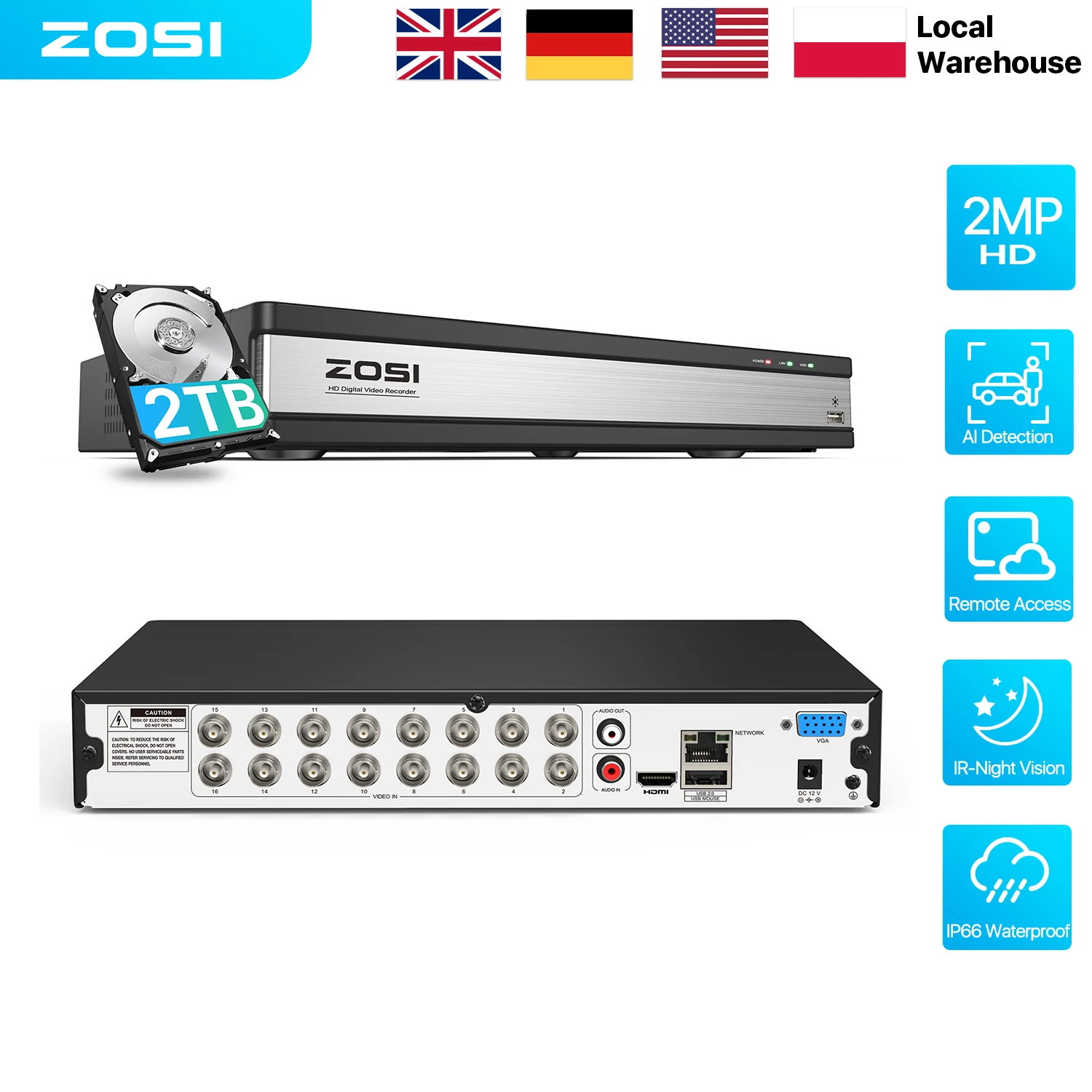 

ZOSI 16CH 4-in-1 TVI AHD CVBS CVI 1080P CCTV Video Audio Recorder Motherboard DVR for Video Surveillance System DVR Kit