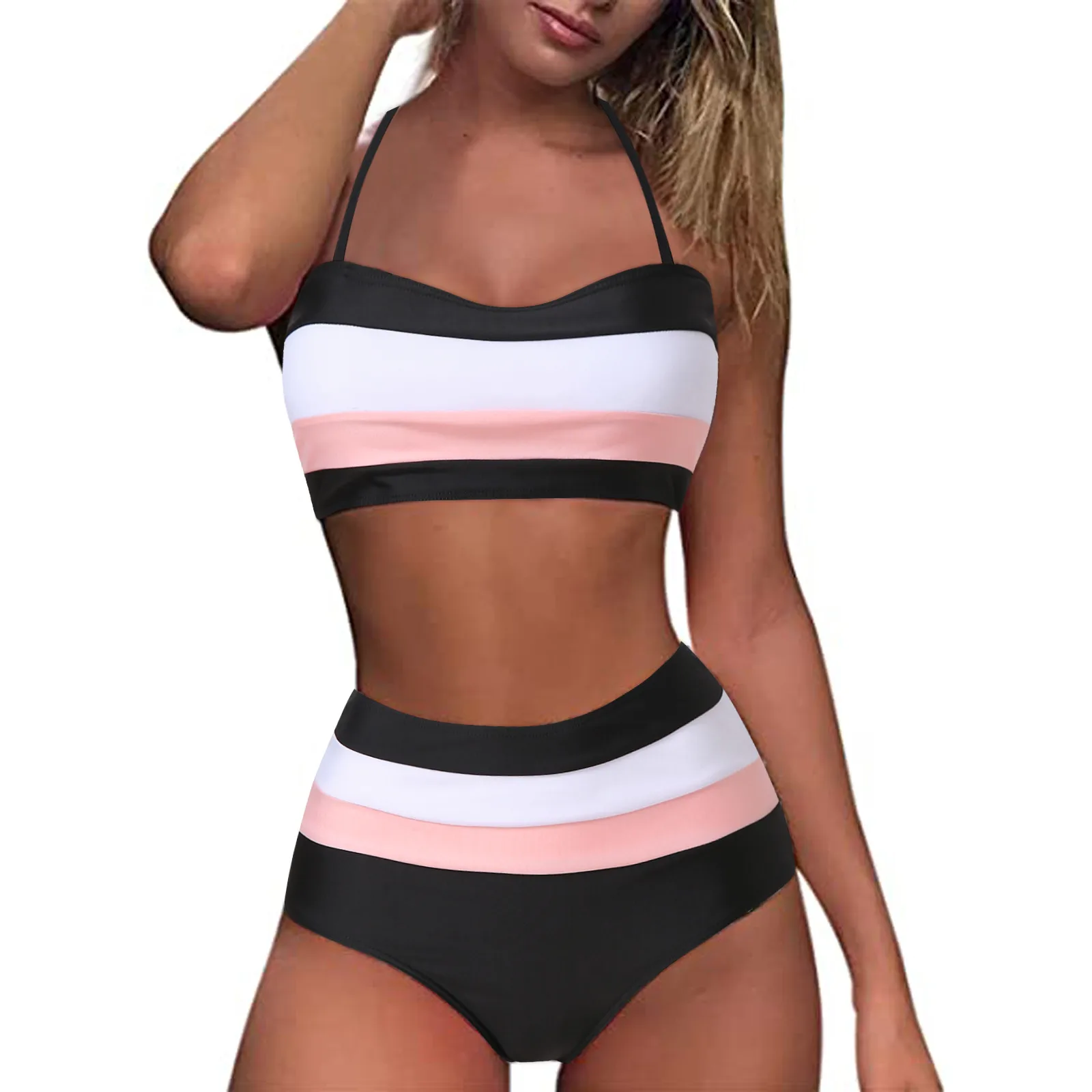 Frauen Badeanzug Bade bekleidung gestreift zweiteilig Set hohe Taille gepolstert Push-up-Print Bade bekleidung schwimmen weiblichen Badeanzug Tankini