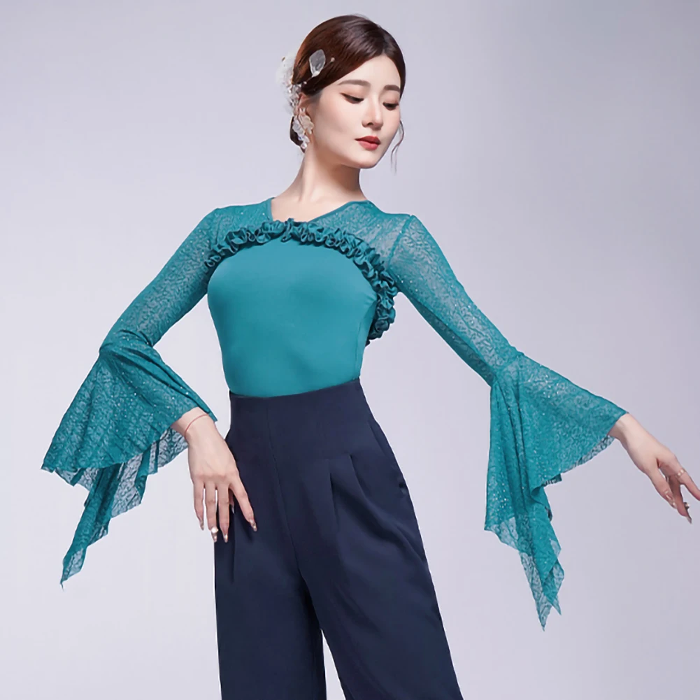 

Элегантный топ для современных танцев с длинными рукавами, розово-красный, высококачественный, с рукавами лотоса, черный кружевной цельный топ для бальных танцев с v-образным вырезом