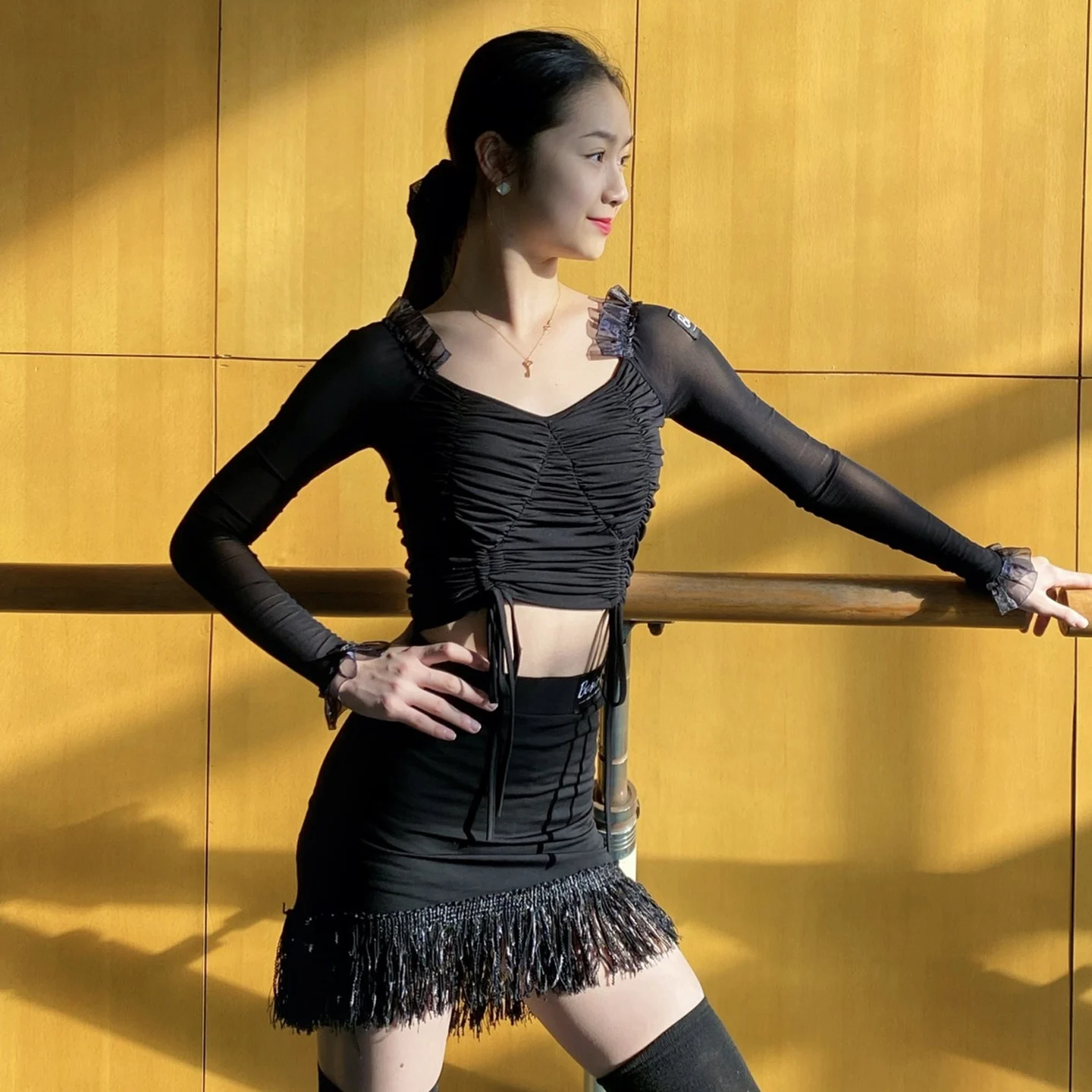 

2025 Latin Dance Clothes Women Adult Club Rumba Samba Dance Practice Training Tops Skirt Long Sleeves Salsa Dance Wear DNV24198