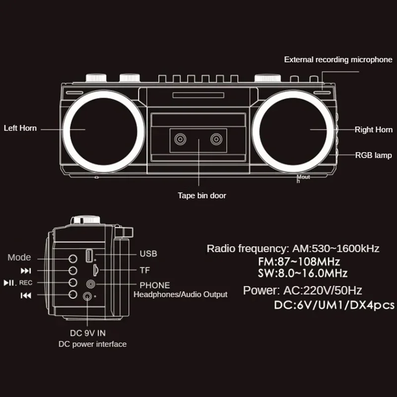 Retro portátil multibanda FM cinta Radio Bluetooth altavoz al aire libre multifuncional tarjeta USB Audio MP3 reproductor de música entrada de auriculares