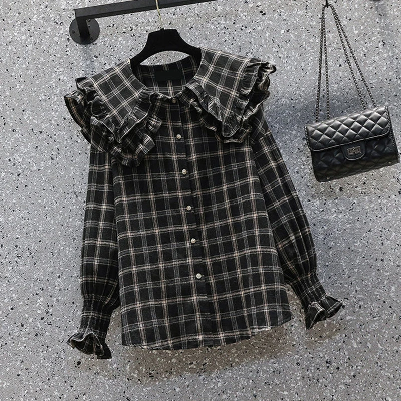 (M-4XL) Women\'s Preppy Style Spring Autumn Casual 2 Piece Pants Set Lady Korean Student Plaid Shirts Black Overalls Outfits 2023