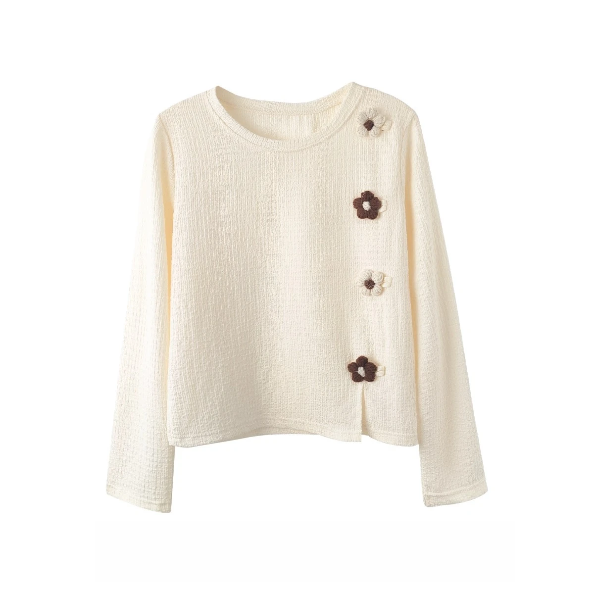 

Splicing Lovely Shirt Three-dimensional Flower O-Neck Long Sleeved T-shirt Women Autumn Loose Simple Unique Beautiful Design Top