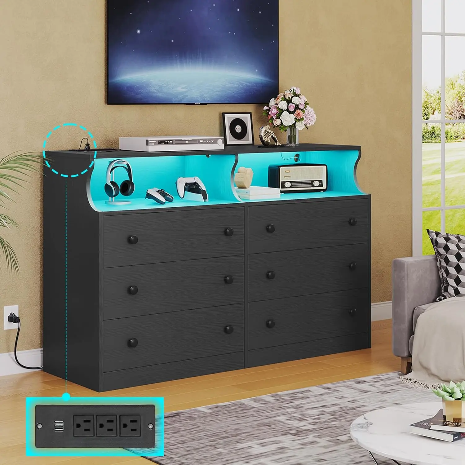 Commode avec lumières LED et station de charge, commode large de 6 égouts de proximité avec espace ouvert, armoire de rangement moderne de grande capacité