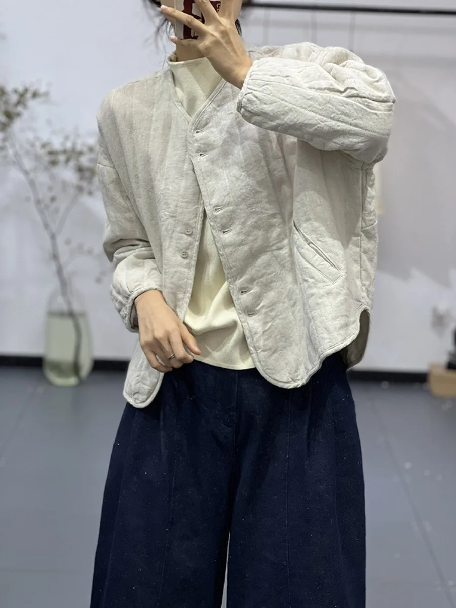 Lightweight Cotton Linen Jacket Women's Winter Short Style Warm Sweet Versatile Cardigan Cotton Coat Pink Japanese Style