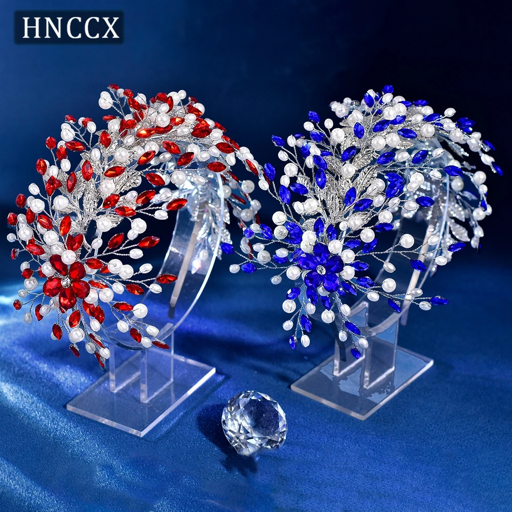 

HNCCX Luxury Bride Headband Red Blue Hair Accessories Wedding Headpieces Handmade Alloy Leaf Head Hoop Headwear Jewelry CP801