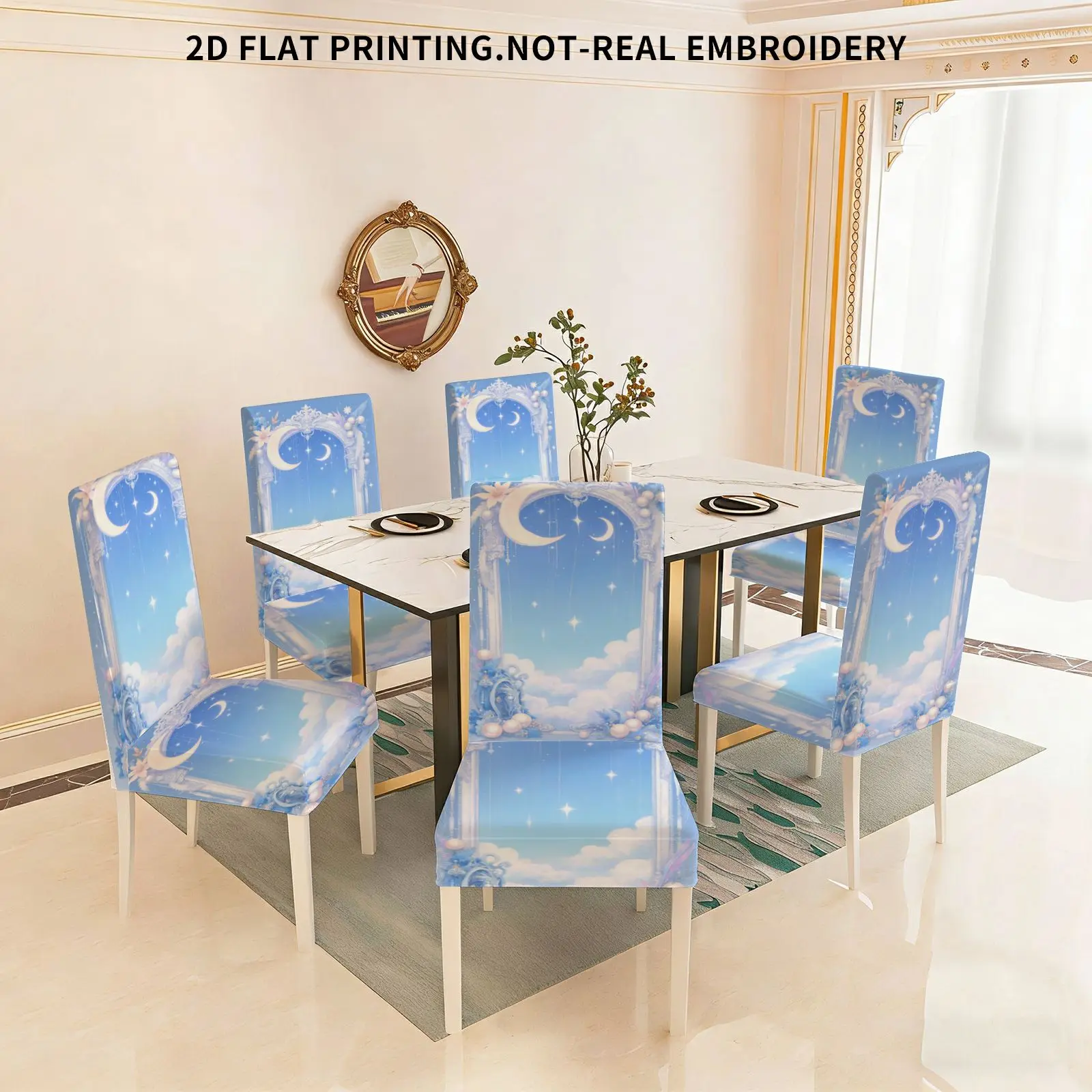 

Flat print elastic dining chair set, romantic theme blue sky arch decoration star moon and flower pattern