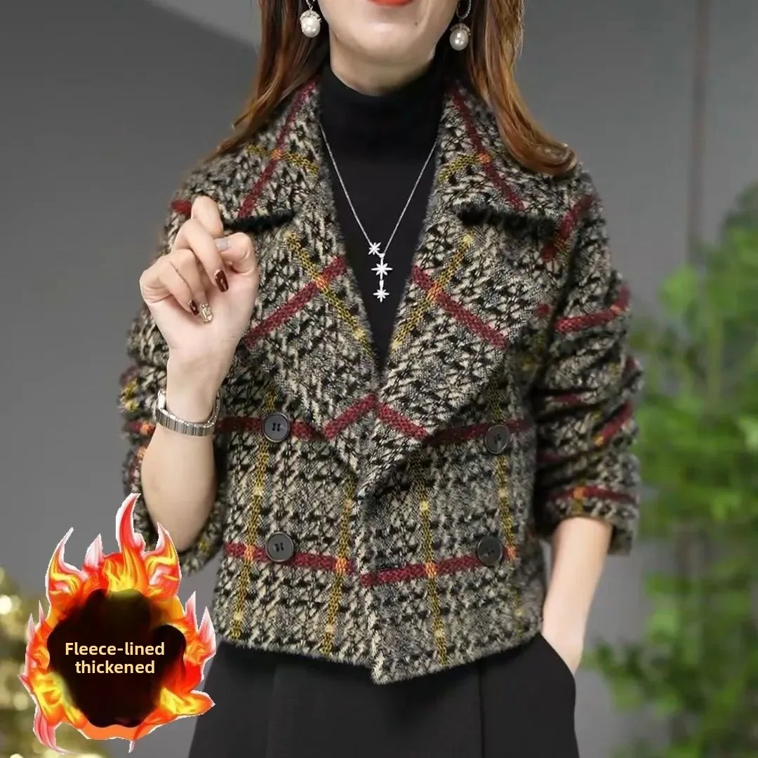 Dámský teplý, stylový, podzimní a zimní, nový, módní, zeštíhlující, všestranný, kostkovaný krátký kabát v britském stylu - náhled 2