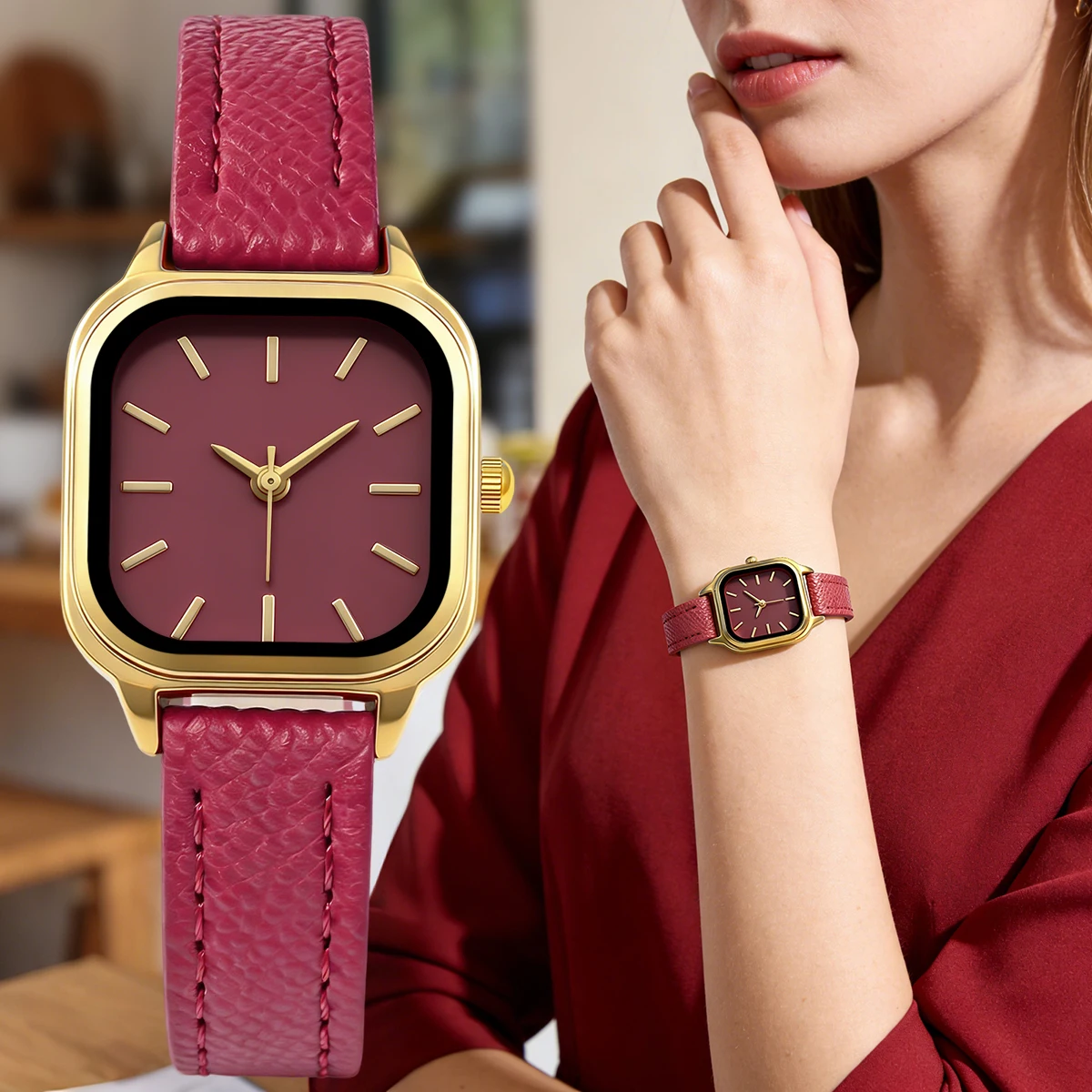 Women Square Quartz Wrist Watch Gold Case Litchi Grain Leather Strap Simple Index Scale Ladies Fashion Watch