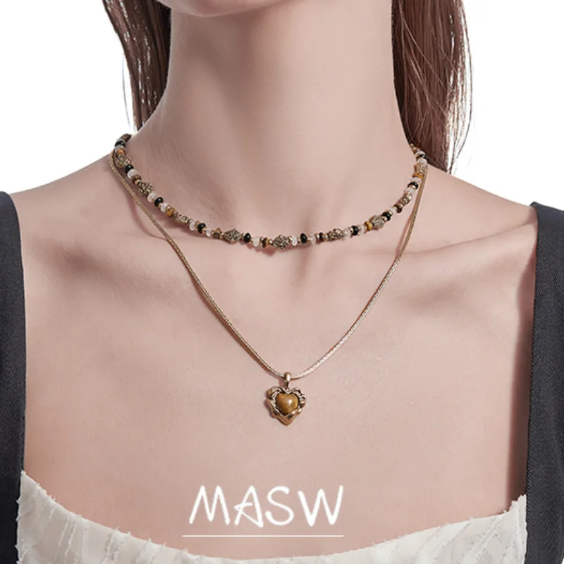 

MASW Original Design Vintage Temperament Brown Stone Bead Heart Pendant Necklace For Women Fashion Accessories Hot Sale