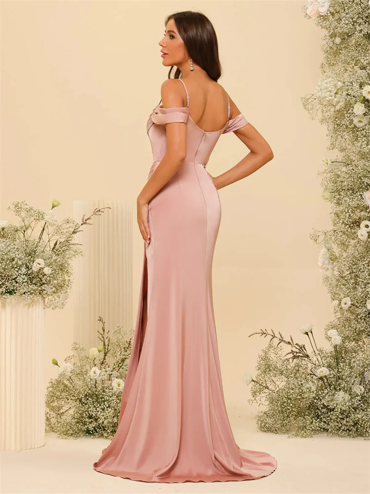 Customized Off-the-Shoulder Neck Spaghetti Straps Silk Satin Sheath Bridesmaid Dress Elegant Zipper Back Gown For Wedding Guests