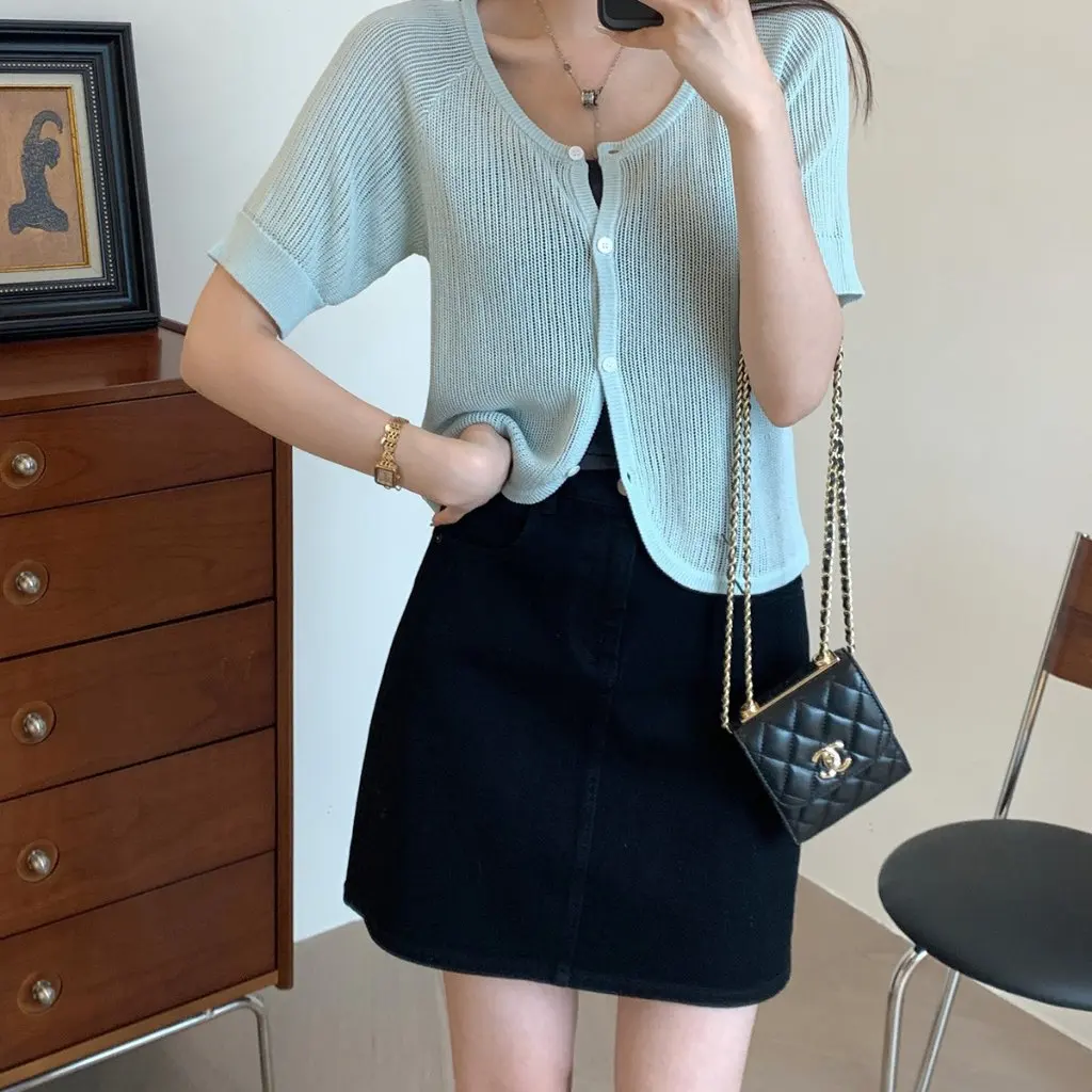 

Linen Tencel Knitted Cardigan Dry Comfortable Soft Bilateral Pore Design Grape Needle round Neck F072008 Women's Fashion Top