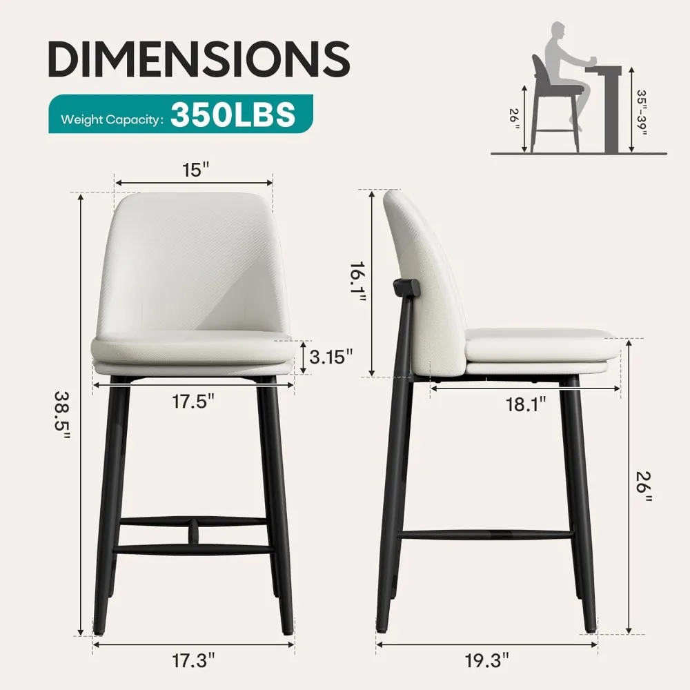 Bar Tabureleri 4'lü Set, Döşemeli Tezgah Yüksekliği Bar Tabureleri, Sırtlı 26 İnç Modern Tezgah Tabureleri, Dokulu Deri ve Kumaş.