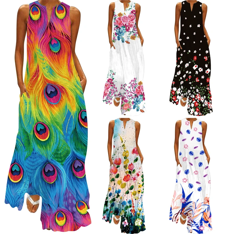 

Woman New 3D Butterfly Print White Dress 2022 Casual Plus Size Long Dresses Summer Woman Sleeveless Girls Beach Maxi Dress Women