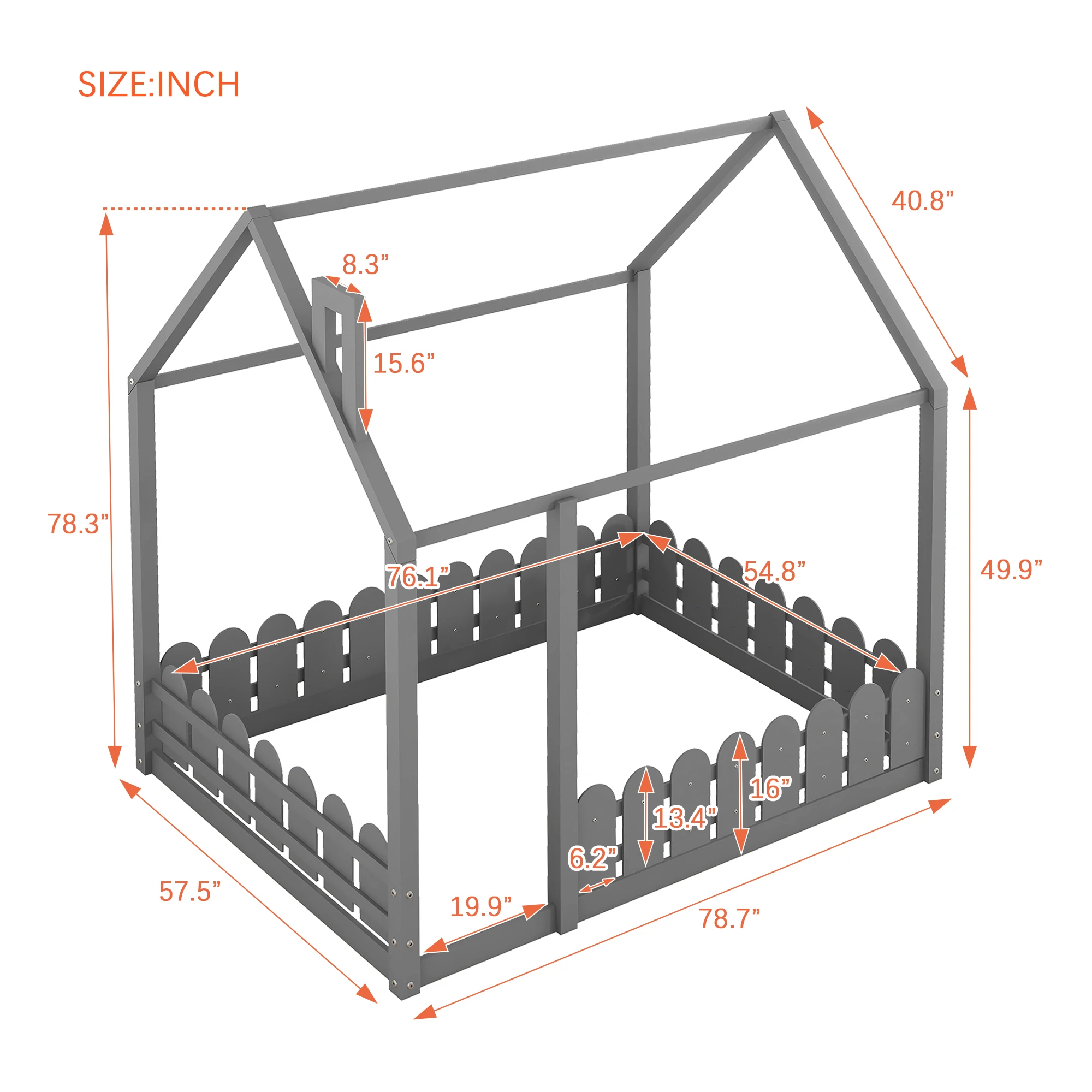 (Lamellen sind nicht enthalten) voller Größe Holzbett Haus Bett rahmen mit Zaun, für Kinder, Jugendliche, Mädchen, Jungen (grau)