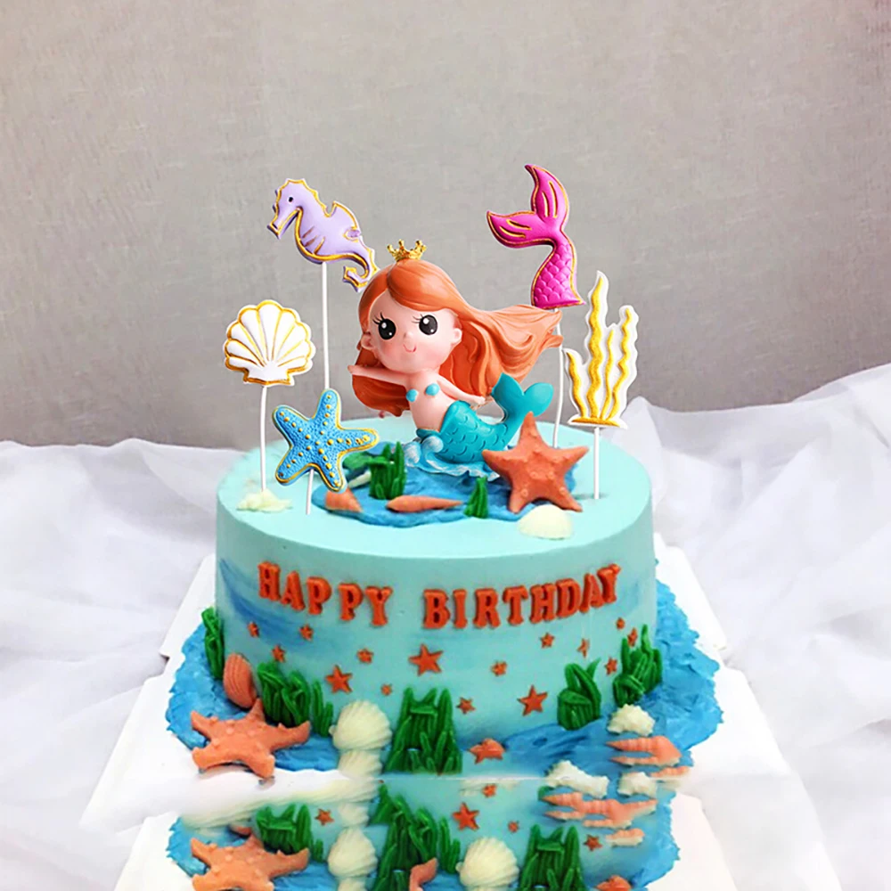 Mermaid Theme Cake Toppers Ocean Princesses for Kids Happy 1st Birthday Party Boy Girl Baby Shower Party Decoration Girl\'s 16th