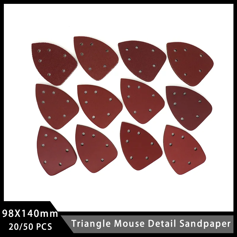 

140X98 мм Треугольная наждачная бумага с 6 отверстиями для мыши, 20/50 шт. Шлифовальные листы с крючками и петлями, различные зернистости 40-1000 для шлифования древесины