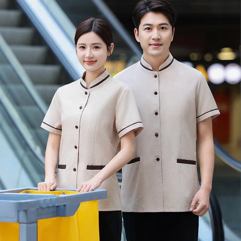 โรงแรมทําความสะอาดห้องพนักงานชุดแขนสั้น Mall สํานักงานขายทรัพย์สินทําความสะอาดป้า Workwear ชุด Unisex
