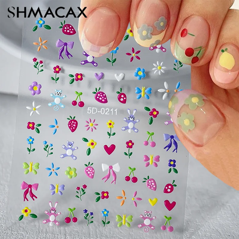 Blume Cartoon Nail Art Aufkleber selbst klebend DIY niedlichen 5d Reliefs Bowknot Kaninchen Muster Maniküre Slider Dekoration Aufkleber