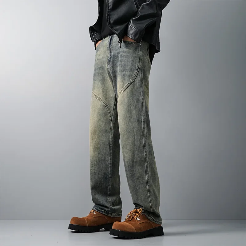 

LIBIELIY Four Seasons Men's American Vintage Spliced Washed Yellow Mud Color Jeans Pants High Street Loose Casual Straight Deni