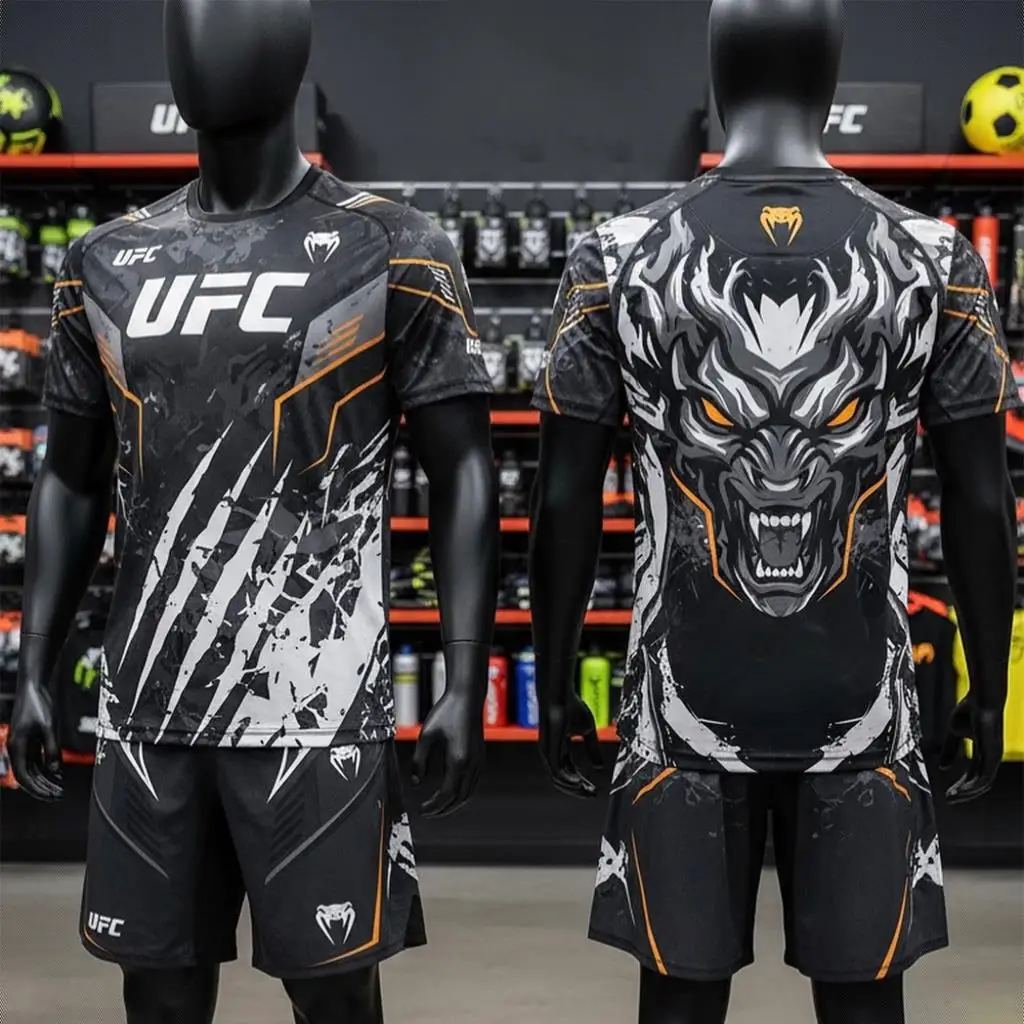 Новинка 2026, UFC, боевые ночные шорты с короткими рукавами, мужские шорты MMA с восьмиугольной клеткой, большой дышащий быстросохнущий тренировочный боксерский комплект ﻿