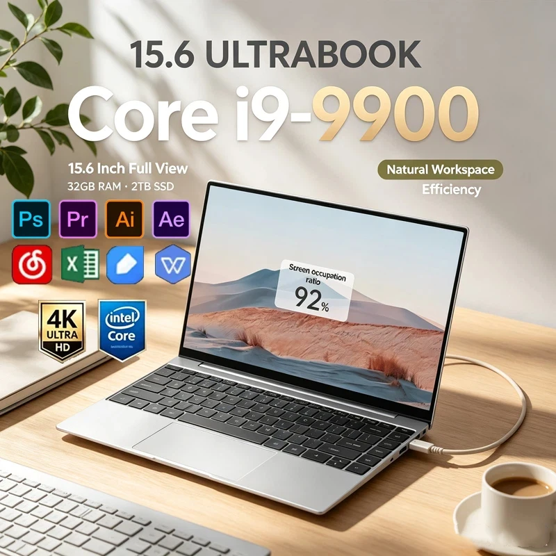 15.6" Ultra‑Slim Laptop, Intel i9‑9900,16GB DDR4 2TB NVMe SSD,Win11,Fingerprint,WiFi6 BT5.2 for Office,Gaming,Design & Creation