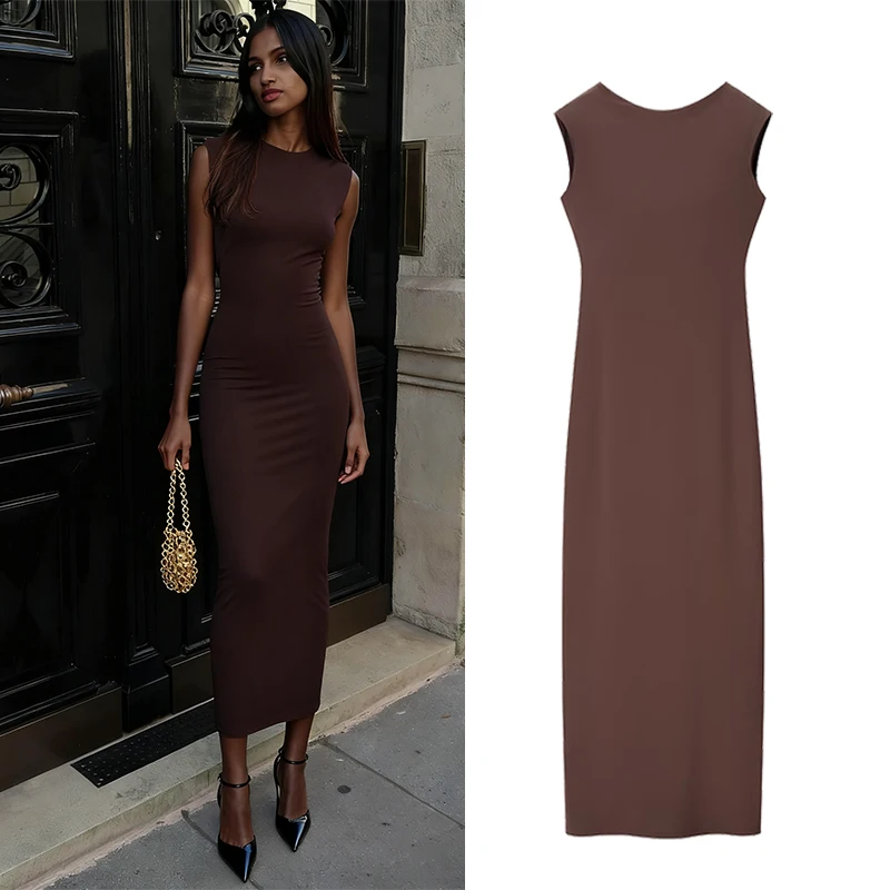 

CharmChant Elegant Party Dresses 2025 Woman Spring Autumn Dress O Neck Sleeveless Slim-Fit Chic Evening Midi Backless Dress