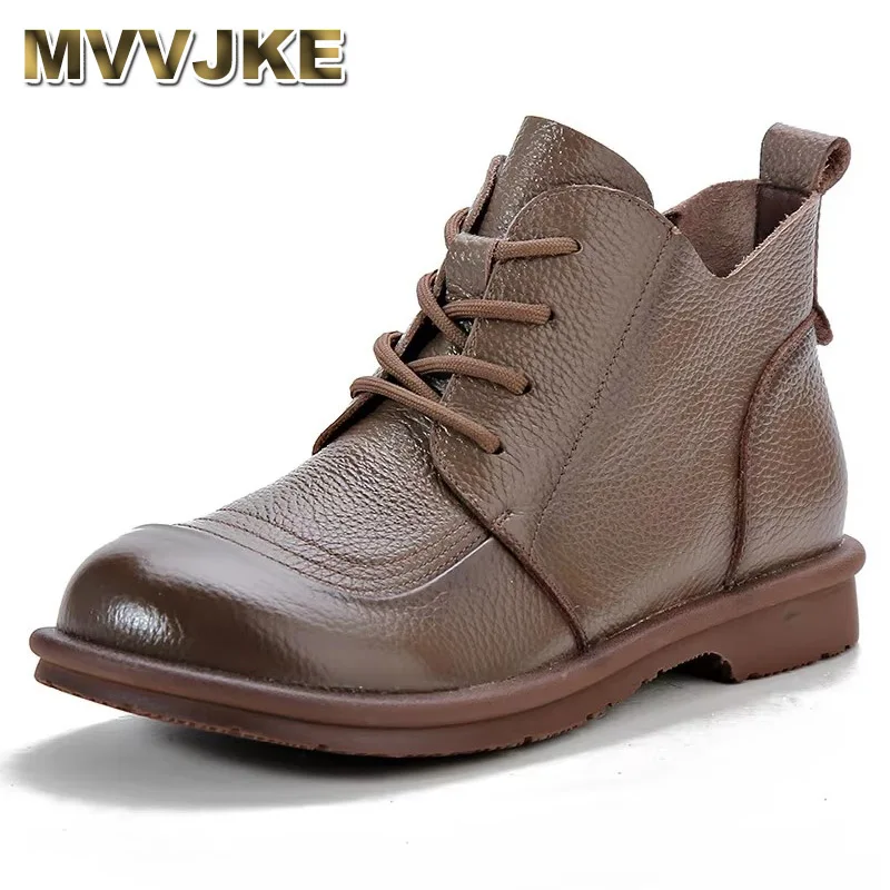 

2025 Winter Shoes Women Flats Warm Plush Ankle Boots Genuine Leather Comfort Low Heel Zipper Short Boots