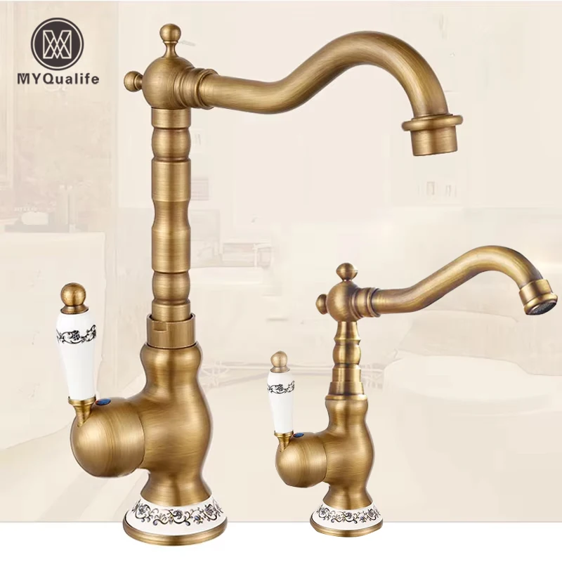 Robinet d'évier de cuisine de salle de bains en laiton Antique, montage sur pont, grue chaude et froide, robinets mélangeurs d'évier de vanité, poignée en porcelaine bleue et blanche