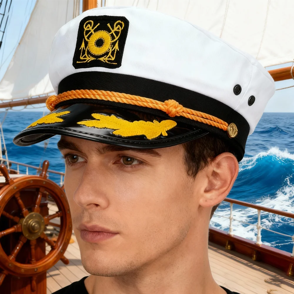 PESENAR Weißer und schwarzer Marinehut im Captain-Stil mit Emblem für Cosplay- und Kostümzubehör