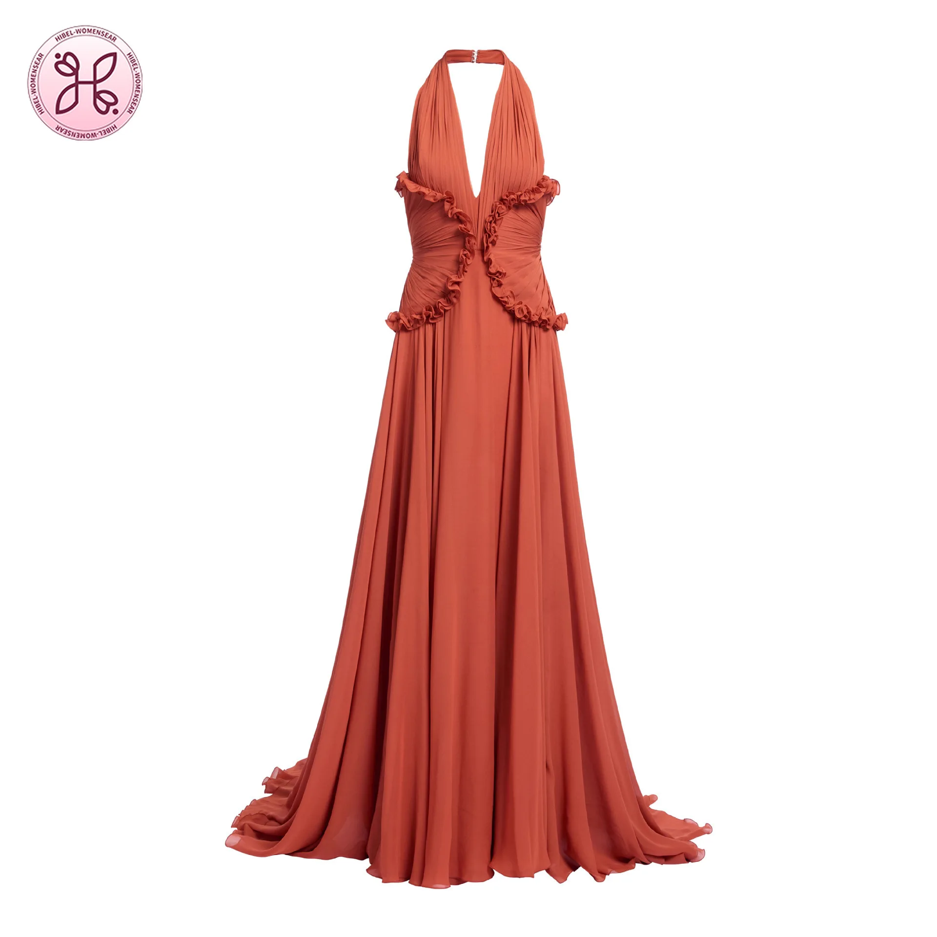 Luksusowa suknia typu halter - głęboki dekolt w serek, marszczona talia, wycięcie maxi (Elegancka suknia ślubna na plażę dla kobiet)