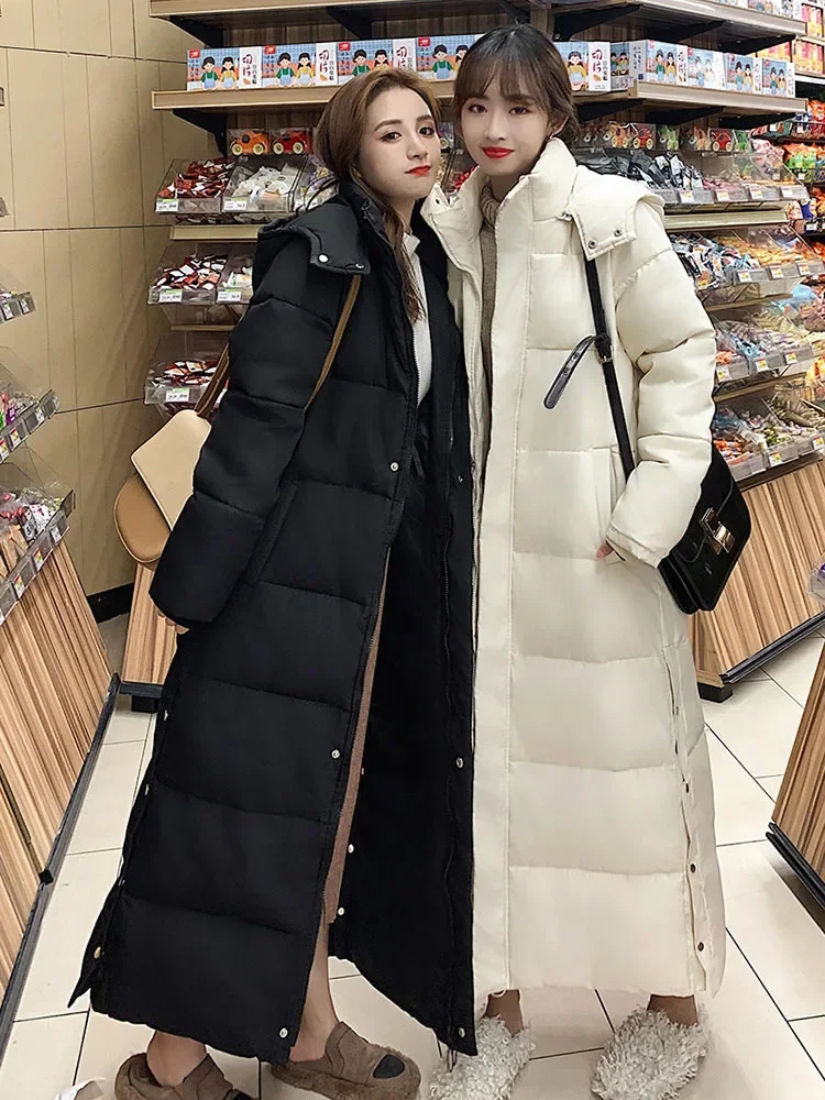 Winter Jacket Women X-long Thicken Down Coat with A Hood Straight Elegant Outerwear 2024 Korean Fashion Female Parkas