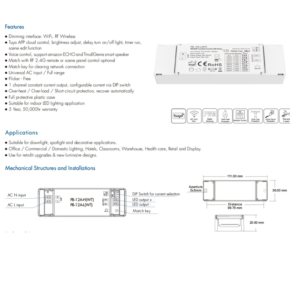 Tuya WiFi & RF Constant Current LED Driver DC3-24V 9-45V 100-450mA 350-700mA APP Dimmable Voice Control for Alexa Google Home