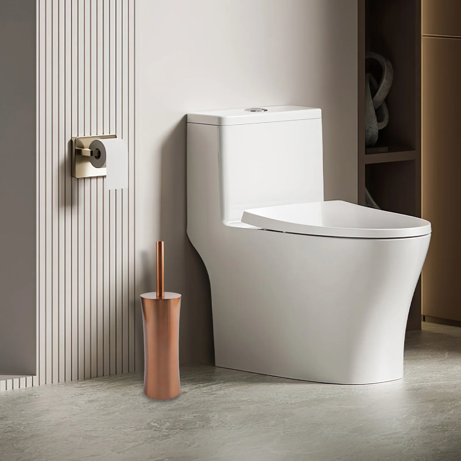 Elegant Gold-Colored Toilet Brush Set Made of 201 Stainless Steel with Low-Profile Stand and Functional Hygiene Orientation