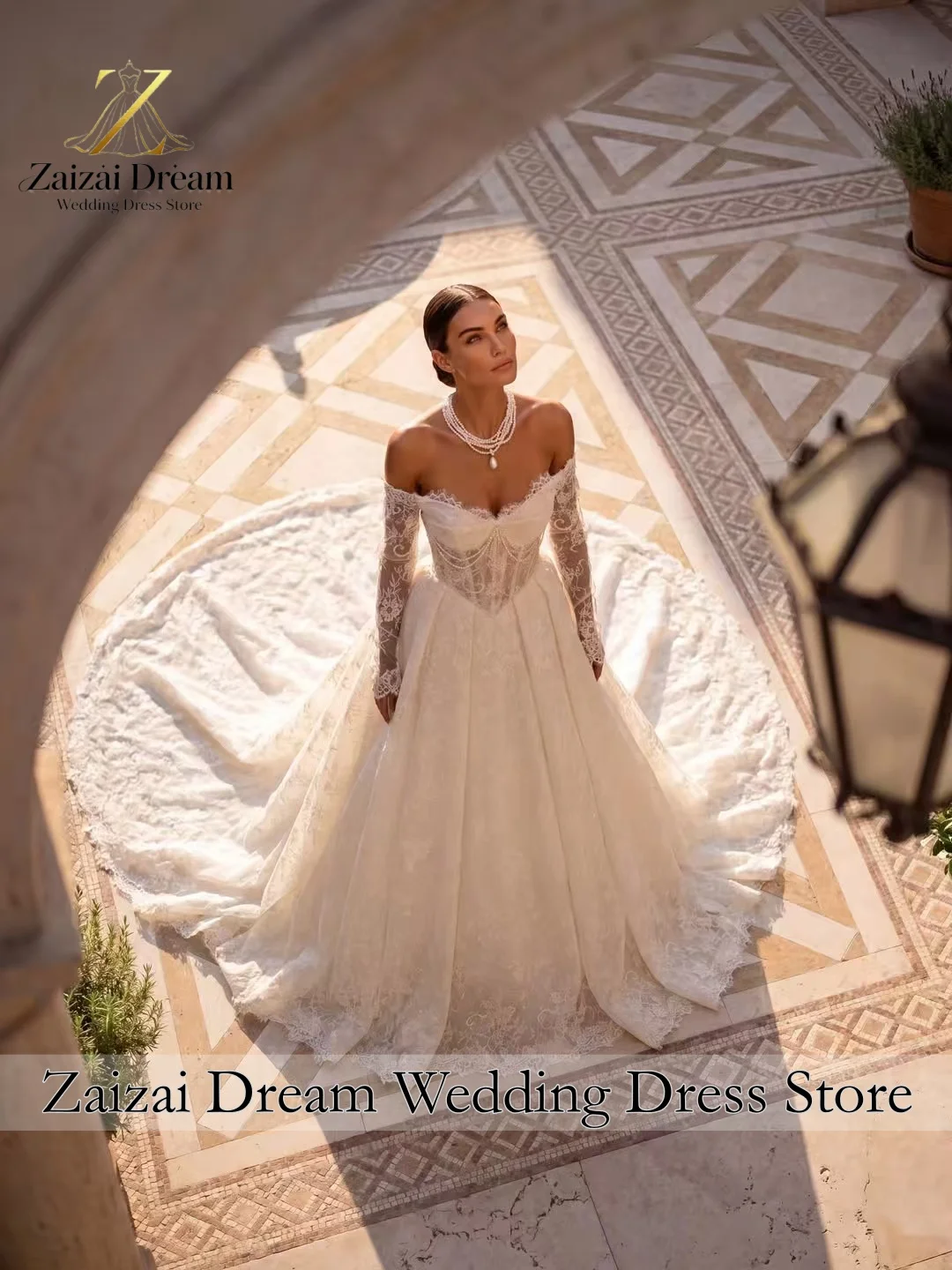 Customzied Elegant Off Shoulder Wedding Dress Pearl Beaded Long Sleeves Lace Bridal Gown Princess A Line Vestido De Novia