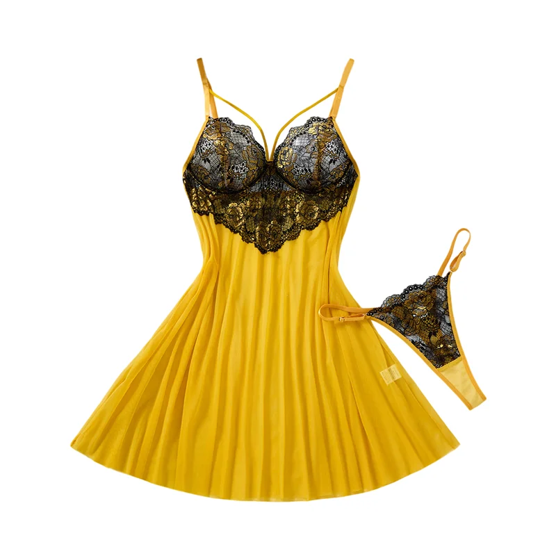 Women Pajamas Dress Luxury Yellow Mesh Chemise With Thong Panty Lace Trim Sexi Night Outfit Suspenders Night Dress for Honeymoon