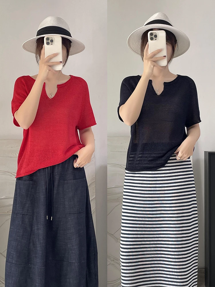 

Ультратонкая дышащая трикотажная футболка без пуговиц с коротким рукавом, базовая футболка для повседневной носки, из смесового хлопка