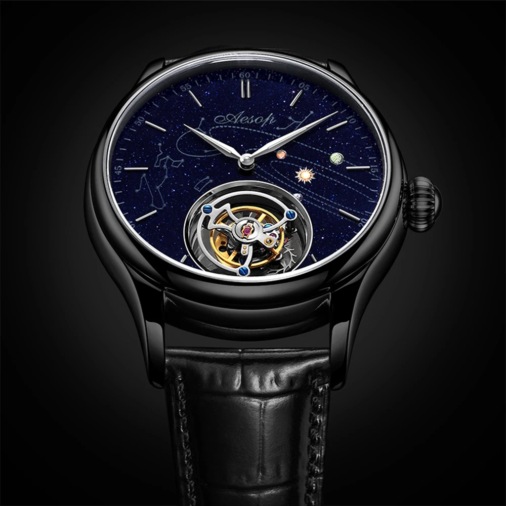 AESOP Flying Tourbillon Skeleton Men's Mechanical Watch Hand Wind Wristwatch Watches for Men Male Clocks Luxury Mechanical Watch