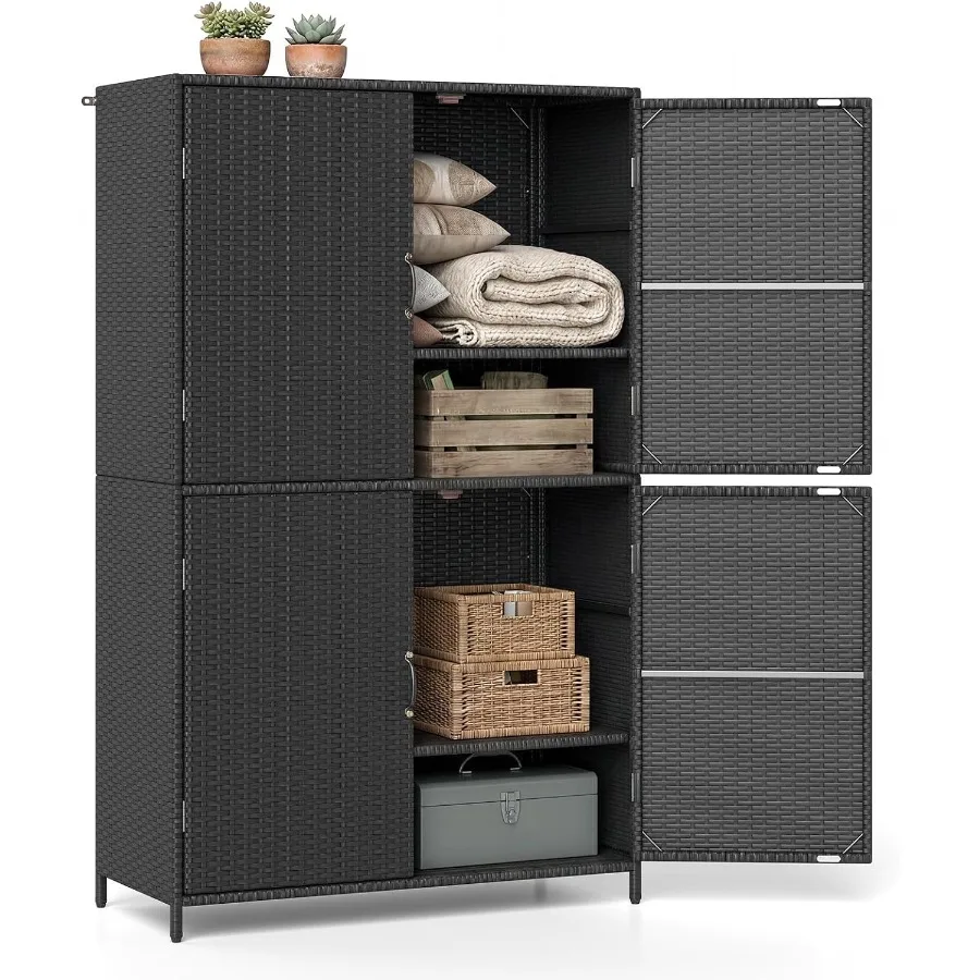 Outdoor rattan storage cabinet with adjustable shelves: weather-resistant natural fiber, beige tone, spacious and customizable