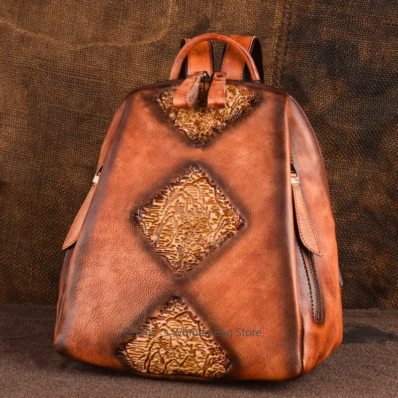 Luxury Fashion Genuine Leather Women Backpack Large Capacity Embossed Shoulder Bag Female First Layer Cowhide Retro 2025 New