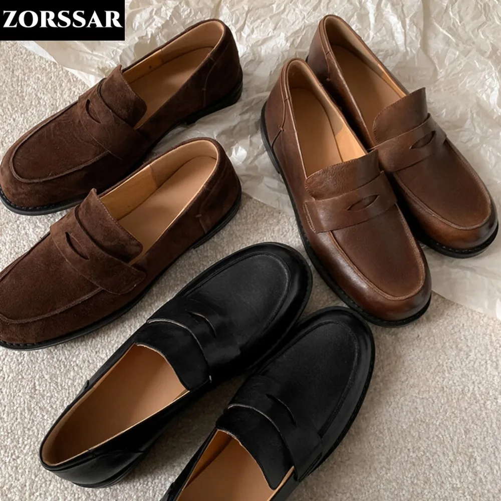 2024 Spring Women Suede Loafers Autumn Fashion British Style Slip On Flat Boat Shoes Round Toe Brown Black Casual Ballerina