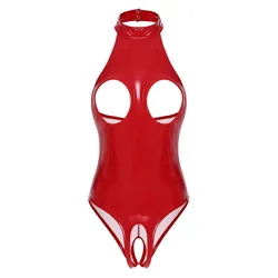 Womens Lingerie Cutout Patent Leather Cupless Open Chest Bodysuit Halter Neck Backless Crotchless One Piece Clubwear Bodysuit