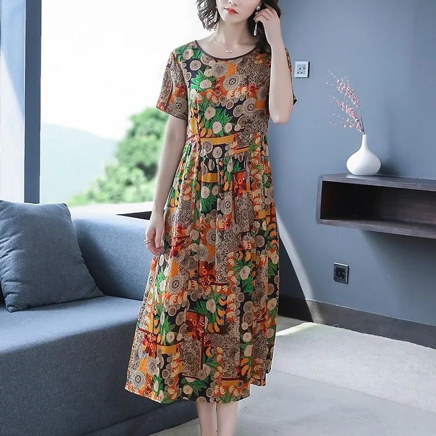 2024 Vintage Print Natural Silk Midi Dresses Summer Fashion New Office Lady Runway Dress Elegant Women Bodycon Party Vestidos