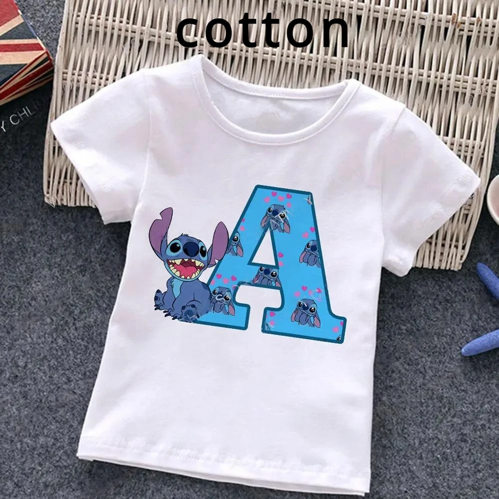 Stitch Letter A B C D Children Cotton T-Shirt Combination Tee Shirts Cartoons Kawaii Kid Casual Clothes Girl Boy Harajuku Tops